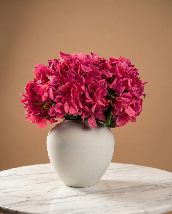 Luxury real touch fuchsia pink artificial hydrangea bouquet styled in modern ceramic vase #fuchsia-pink