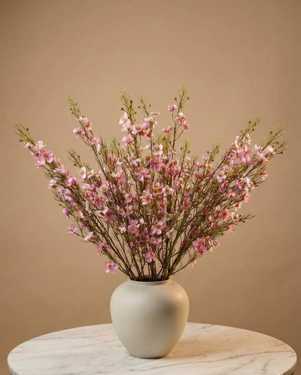 Real touch pink faux wax flower arrangement with delicate blooms in a matte white ceramic vase for modern home decor #pink