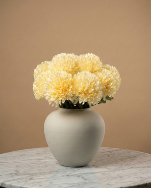 Cream pompom faux flowers in a ceramic vase, realistic artificial pompom flower arrangement for modern home decor #cream