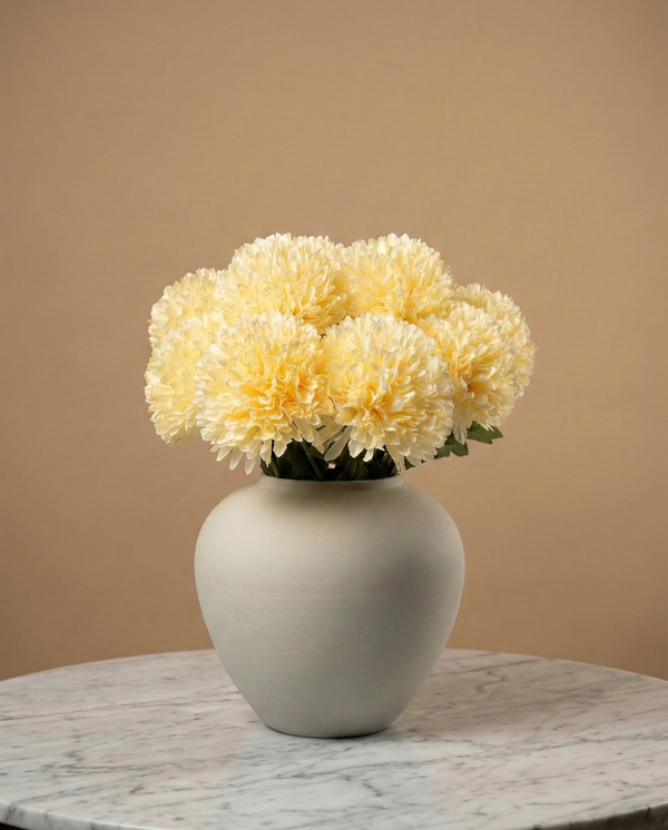 Cream pompom faux flowers in a ceramic vase, realistic artificial pompom flower arrangement for modern home decor #cream