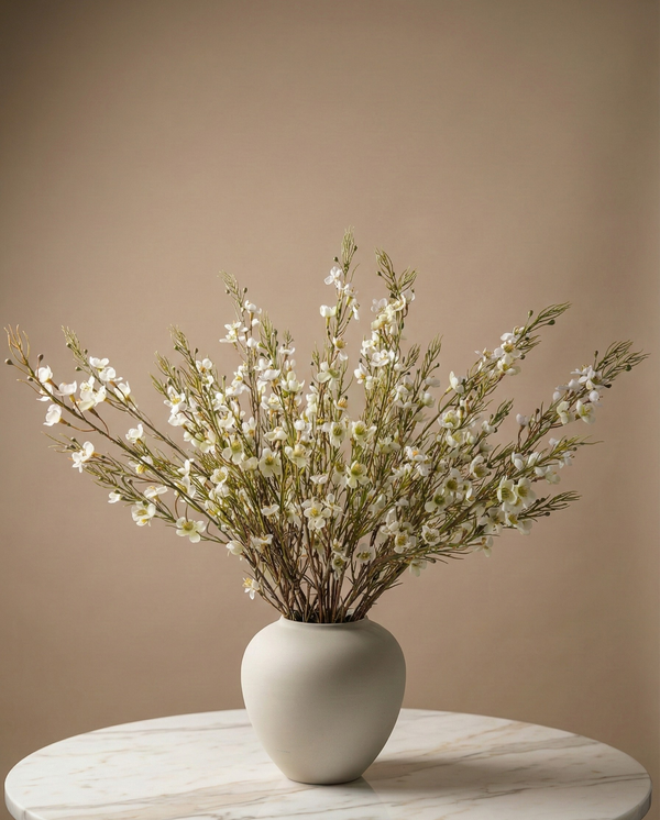 Real touch white faux wax flower arrangement with delicate blooms in a matte white ceramic vase for modern home decor #white