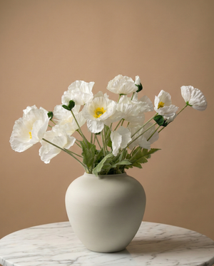 Luxury real touch faux white poppy arrangement in a ceramic vase, styled on a marble table for modern home décor #white 