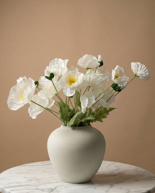 Luxury real touch faux white poppy arrangement in a ceramic vase, styled on a marble table for modern home décor #white 