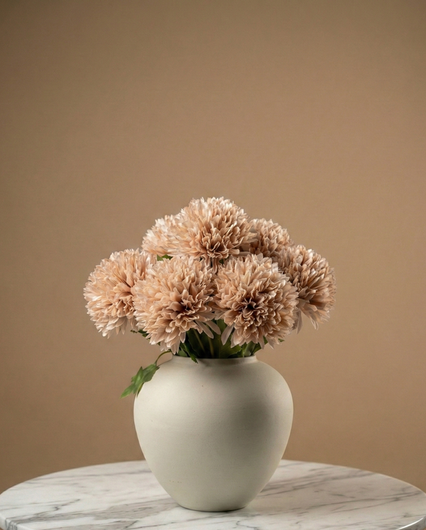 Beige pompom faux flowers in a ceramic vase, realistic pompom flower arrangement for modern home decor #blush-beige
