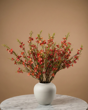 Real touch faux red wax flower arrangement with delicate blooms in a matte white ceramic vase for modern home decor #red