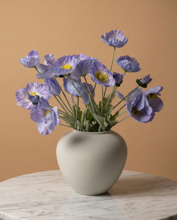 Real touch faux blue poppy arrangement in a ceramic vase, styled on a marble table for modern home décor #lavender-blue