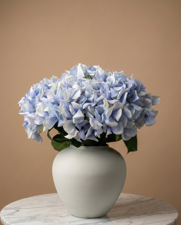 Luxury real touch blue artificial hydrangea bouquet styled in modern ceramic vase #periwinkle-blue