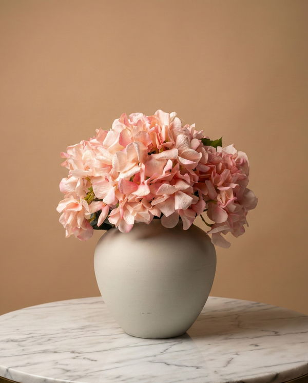 Luxury real touch peachy pink artificial hydrangea bouquet styled in modern ceramic vase #peachy-pink