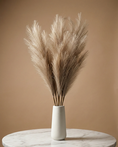 Luxury brown faux pampas grass bouquet in a minimalist white ceramic vase on a marble table #light-brown 