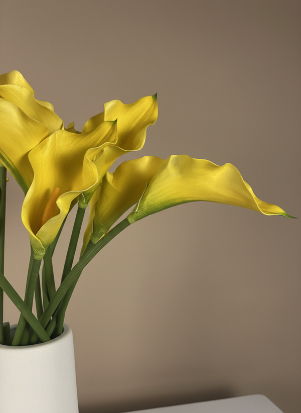 Artificial yellow calla lily flowers in a white vase, modern minimalist home décor #yellow