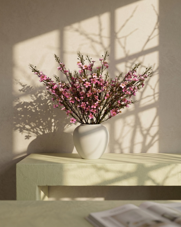 Matte white vase with real touch pink faux wax flower arrangement with delicate blooms on a table with sunlight casting shadows on the wall #pink