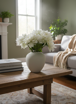 Realistic white faux flowers in a ceramic vase, styled as modern luxury home decor on a wooden coffee table #white