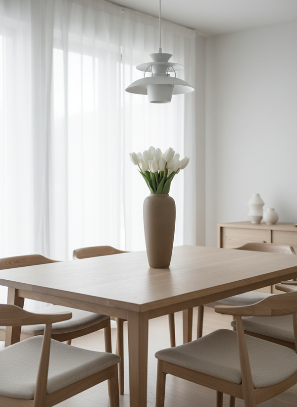 Minimalist dining room with premium white faux tulips in a tan vase on an oak table under a modern pendant light. #white