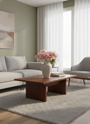 Blush pink faux flower arrangement in a ceramic vase on a wooden coffee table, styled in a modern neutral living room #pink