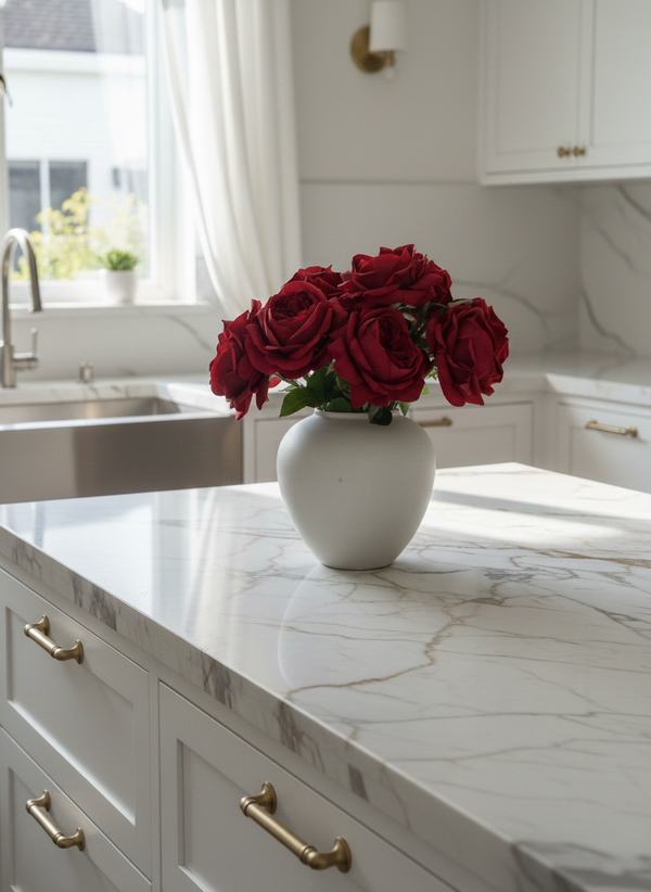 Artificial red rose arrangement in a matte ceramic vase styled on a marble kitchen island in a modern white kitchen #red