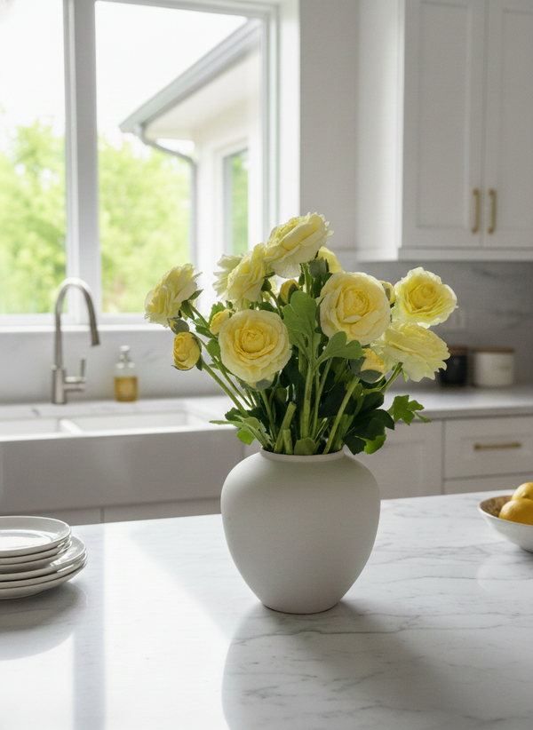 Premium yellow faux ranunculus arrangement in a matte white ceramic vase styled on a bright modern kitchen bench top #yellow