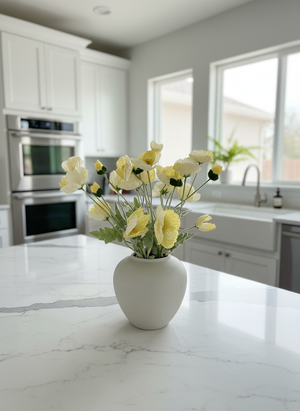 Luxury faux yellow poppy arrangement in a white ceramic vase, styled on a marble kitchen island in a modern home #yellow 