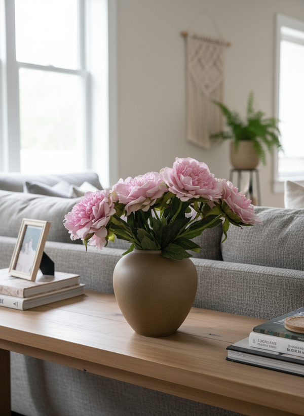Contemporary living room décor featuring real touch pink faux peonies in ceramic vase #baby-pink