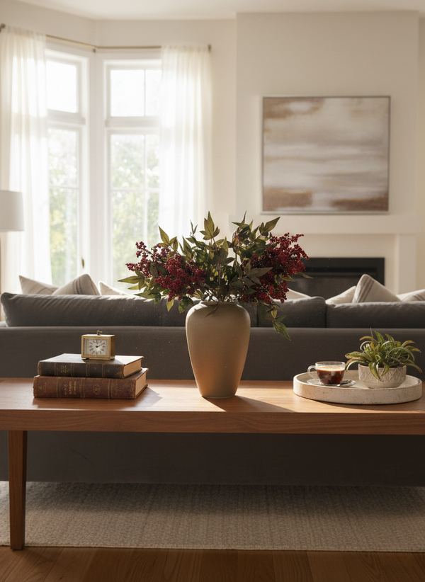 Lifelike artificial red berry foliage in a matte white vase, styled on a wooden side table in a neutral living room #red