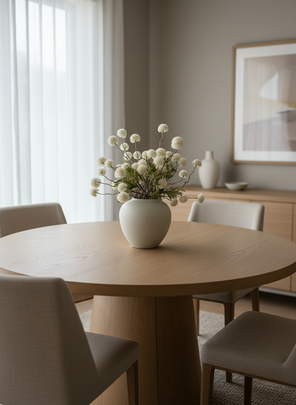 White real touch faux pompom flowers styled in a matte white ceramic vase on a modern dining table #white