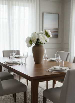 Contemporary dining room décor featuring white faux peonies as table centrepiece #white