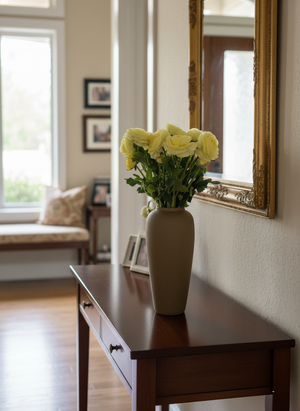 Yellow faux ranunculus arrangement in a matte ceramic vase styled on a hallway console table with soft natural light #yellow