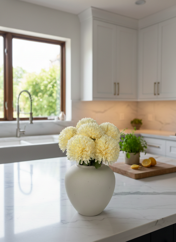 Realistic cream pompom faux flowers in a ceramic vase, styled as modern kitchen island home decor #cream