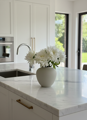 Real touch artificial white dahlia bouquet in ceramic vase for kitchen styling #white