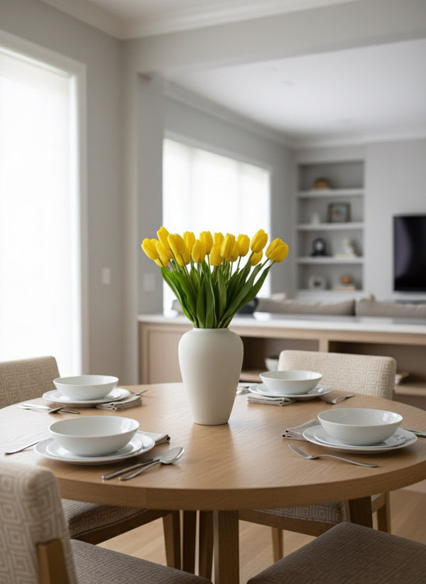 Yellow faux tulips arranged in a minimalist ceramic vase styled as a dining table centrepiece in a light filled home #yellow

