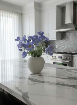 Luxury faux blue poppy arrangement in a white ceramic vase, styled on a marble kitchen island in a modern home #lavender-blue 
