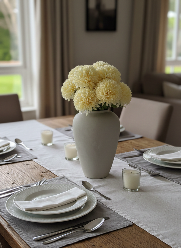 Faux cream pompom flower arrangement in white vase as dining table centrepiece, styled modern home decor setting #cream