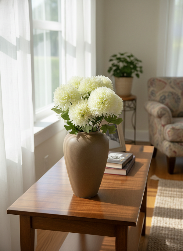 Ivory faux pompom flowers in beige ceramic vase on wooden console table, elegant artificial floral home decor #ivory