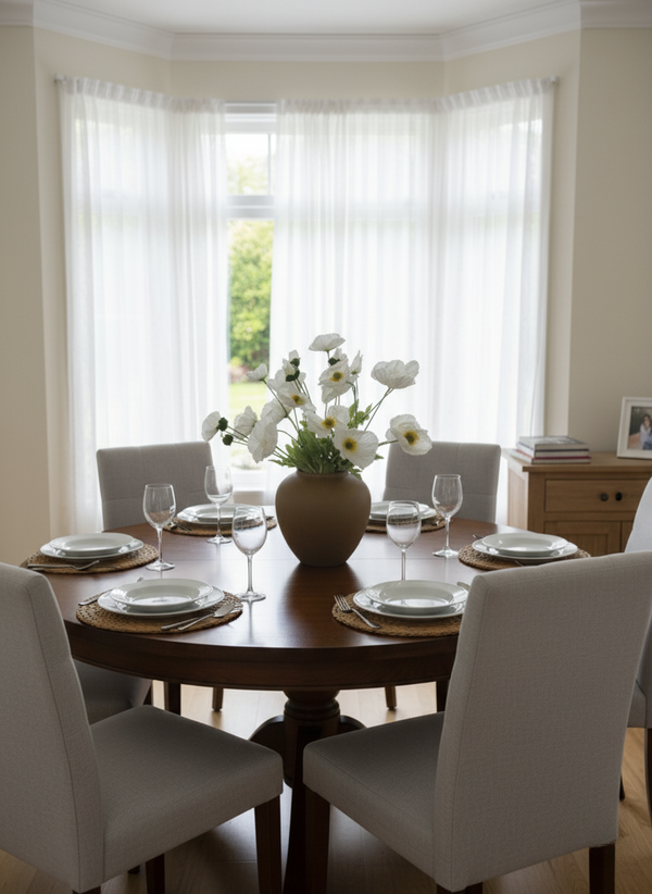 Modern dining room with round wooden table, woven chairs, and faux white poppy arrangement in a ceramic vase #white 