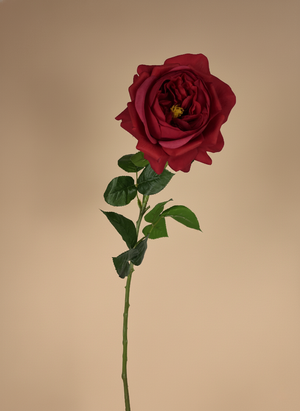 Premium single real touch faux red rose stem with layered petals and natural green leaves on a neutral background #red