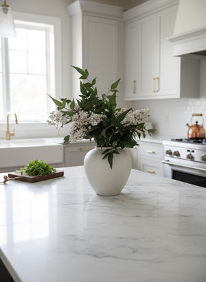 Artificial white berry and greenery arrangement in a white ceramic vase for modern kitchen decor #white