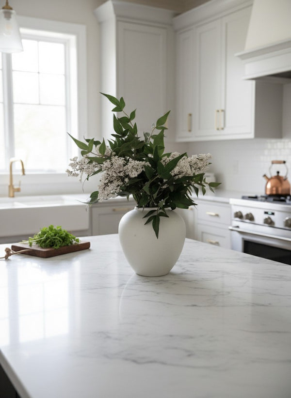 Artificial white berry and greenery arrangement in a white ceramic vase for modern kitchen decor #white