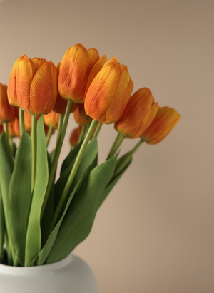 Close up of orange faux tulips with realistic petal texture and natural green leaves in a minimalist vase #apricot-orange