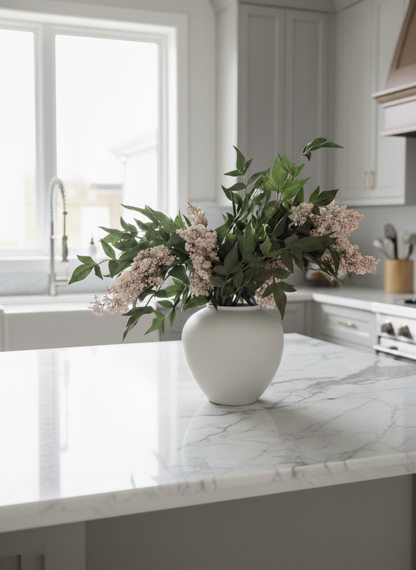 Artificial pink berry and greenery arrangement in a white ceramic vase for modern kitchen decor #pale-pink