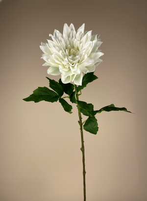 Artificial white dahlia flower stem with detailed petals and natural green leaves #white