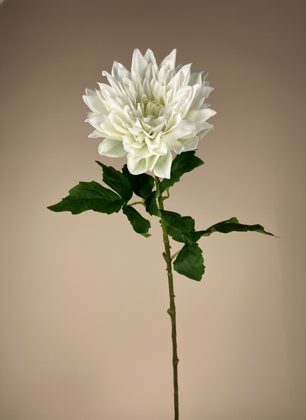 Artificial white dahlia flower stem with detailed petals and natural green leaves #white