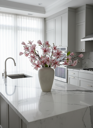 Pink faux magnolia arrangement in ceramic vase on marble kitchen island, luxury artificial flowers for modern home decor