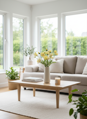 Minimalist living room with neutral ceramic vase and yellow faux poppy flowers on wooden coffee table #yellow