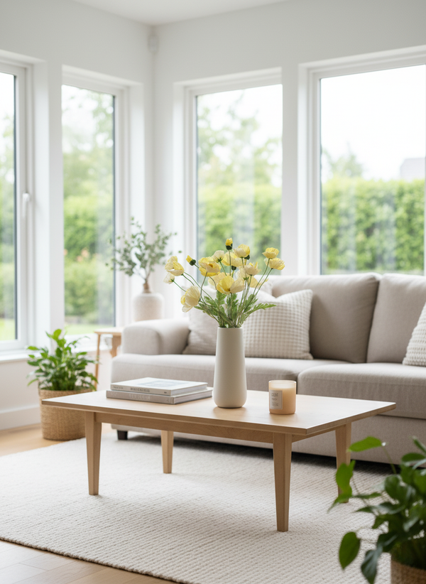 Minimalist living room with neutral ceramic vase and yellow faux poppy flowers on wooden coffee table #yellow