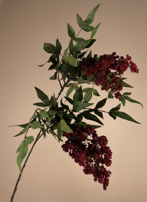 Real touch faux red berry spray with natural green leaves on an elegant curved stem for modern home decor #red
