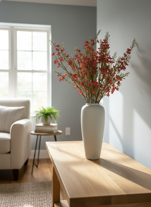 Red real touch faux wax flower arrangement with delicate blooms in a matte white ceramic vase for modern living decor #red