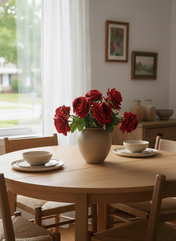 Luxury faux red rose arrangement in a matte ceramic vase styled on a round wooden dining table #red