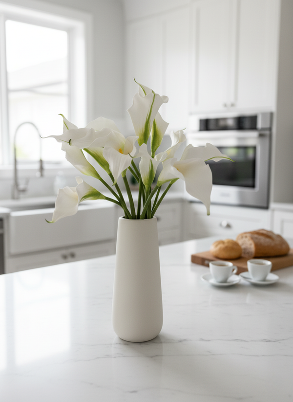 Real touch white calla lily arrangement in a minimalist white ceramic vase on a marble kitchen island #white