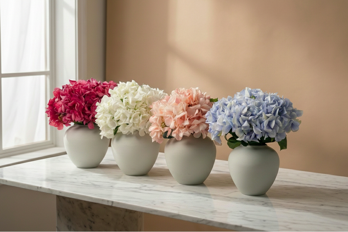 Four multicoloured hydrangea flowers on a marble surface.
